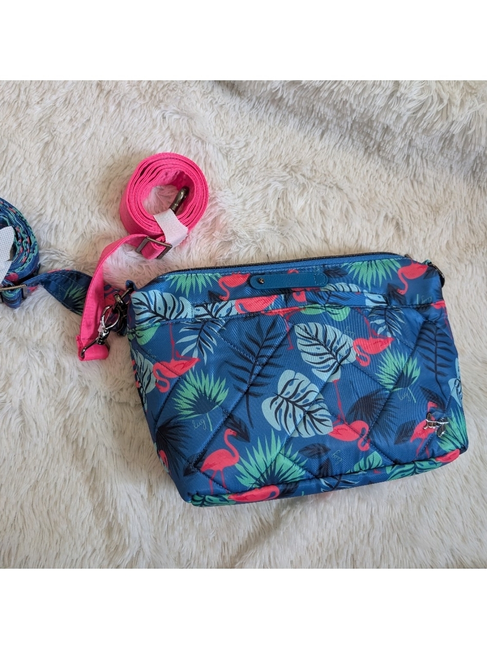 Lug Flare Blue Tropical Flamingo Print Crossbody Bag Purse New - Picture 2 of 8